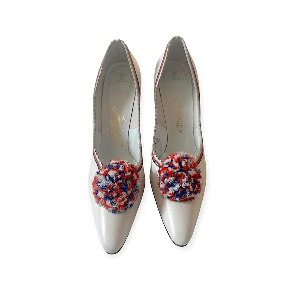 Vintage 50s/60s Julianelli's for Montaldo's  White Leather Pom Pom Heels 8AAA